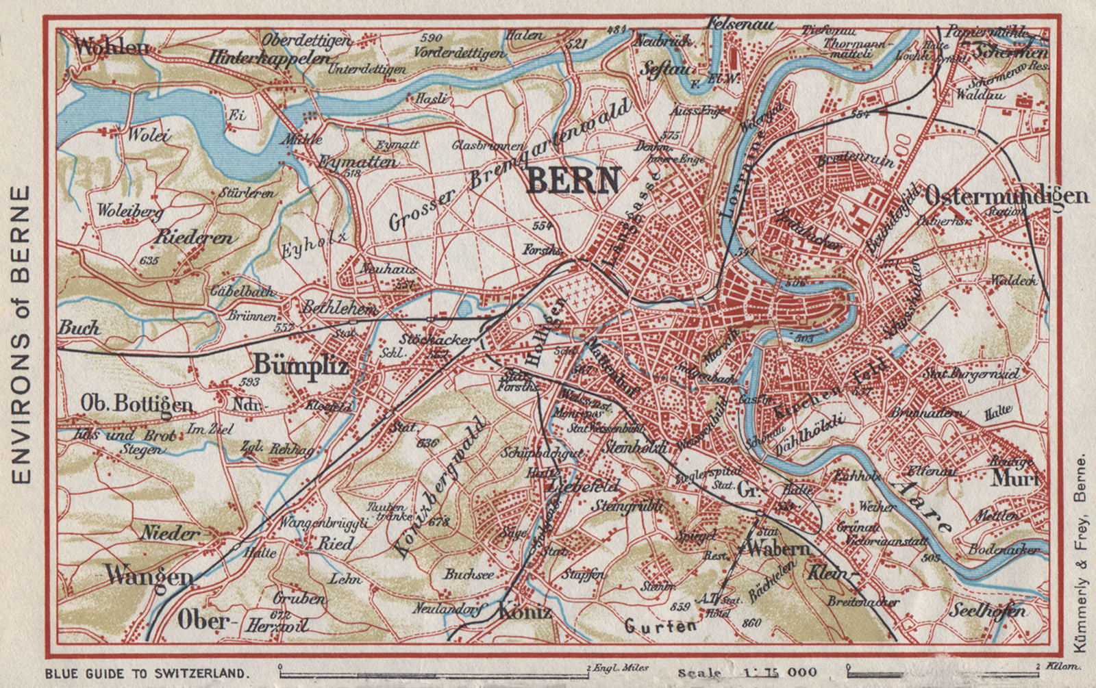 BERNE BERNE ENVIRONS. Bümpliz Ostermundigen. Vintage map. Switzerland 1948